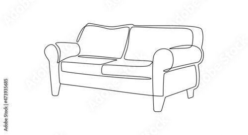 Modern comfy furniture sofa for home interior in trendy hygge style outline contour lines. Simple linear silhouette of Couche. Doodle vector illustration