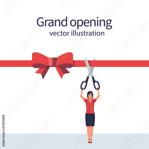 Woman is hold big scissors cutting red ribbon. Isolated on white background. Grand opening concept. Vector illustration flat design. Template ceremony, celebration, presentation and event.