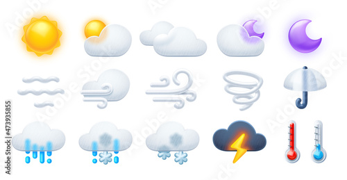 Weather icons. Thunderstorm lightning, rain and snow clouds. Hot and cold thermometer, wind and umbrella symbols for meteo forecast app. Vector illustrations set