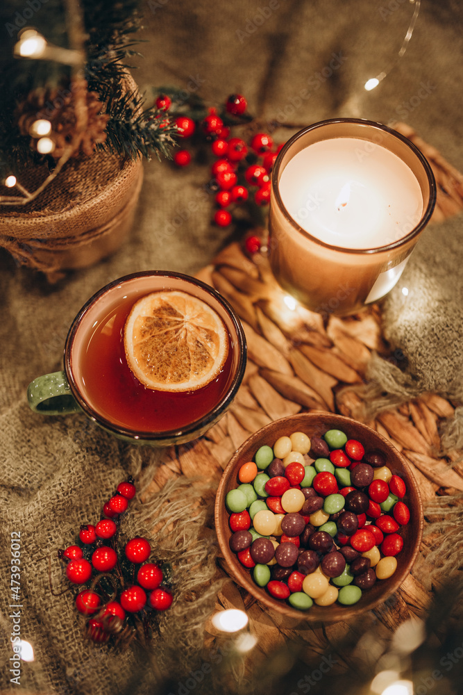 evening tea party with Christmas lights hot tea and candy evening tea party with Christmas lights hot tea and candy