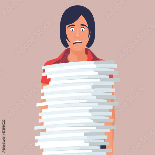 A lot of work. Woman with a funny emotion on the face stands in front of a big bunch of paperwork. Vector illustration flat design. Isolated on white background.