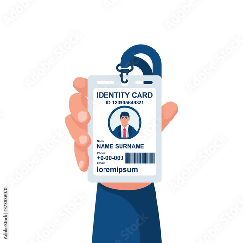 Male businessman show identification card in hand. With permit. ID Card icon. Vector illustration, flat design style. Personal identification. Access control. Sign id card. Personal document in hand.
