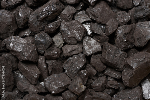 Natural coal texture top view. Black anthracite stone coal background close-up.