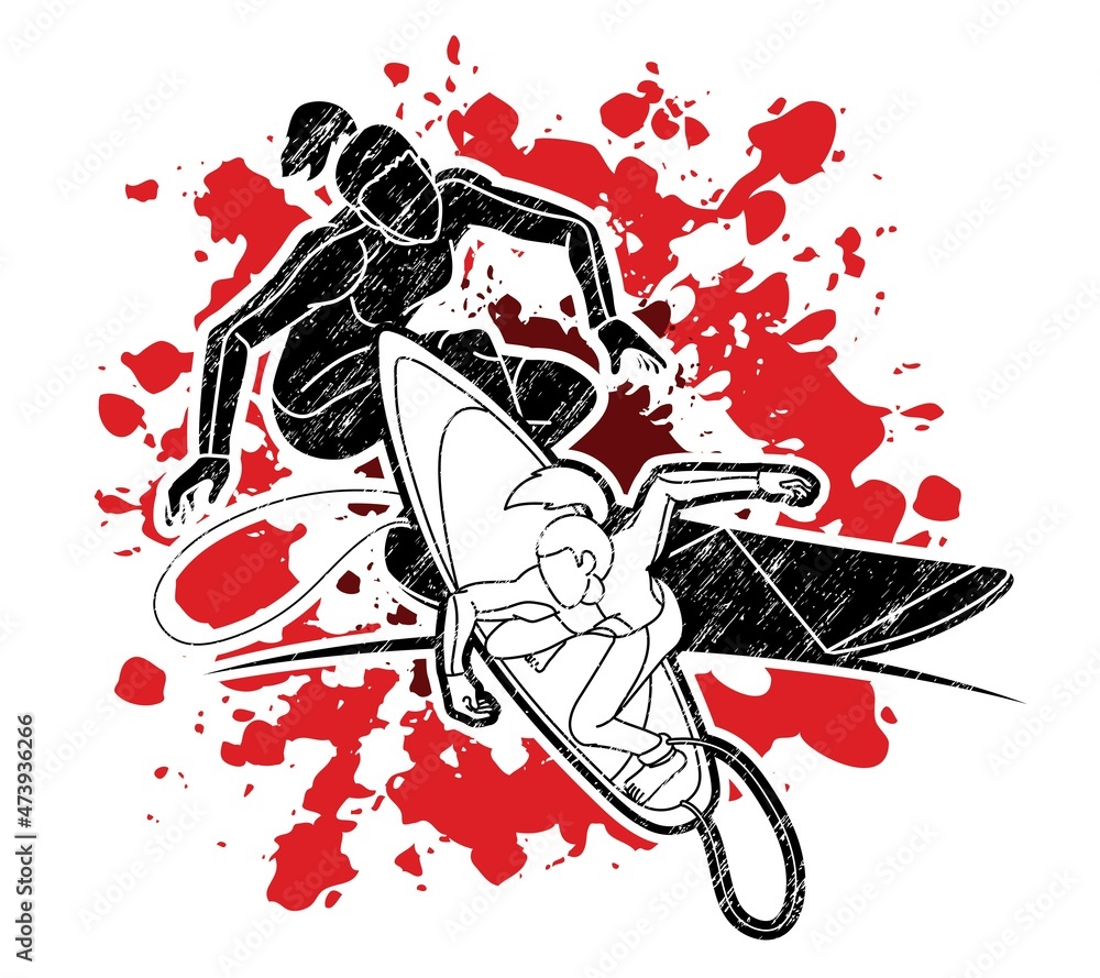 Obraz premium Women Surfer Action Surfing Sport Players Cartoon Graphic Vector