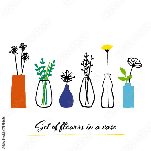Set of flower illustrations in a vase (white background, vector, cut out)