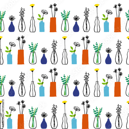 Seamless pattern of flower illustrations in a vase (white background, vector, transparent)