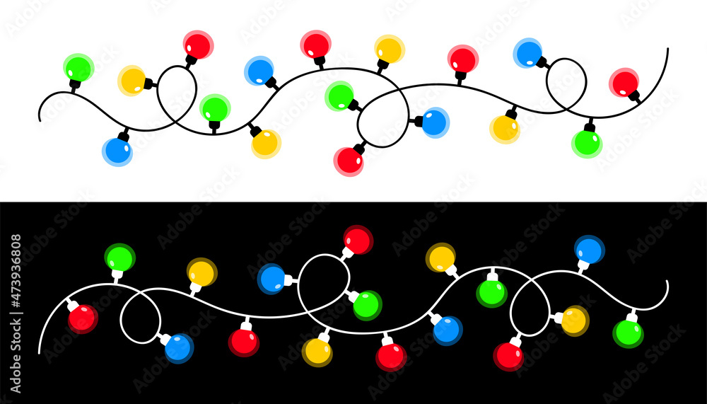 Christmas light set. Colorful string fairy lights. Lightbulb glowing garland line. Cartoon holiday festive xmas decoration. Round shape. Rainbow color. Flat design. Black White background. Christmas light set. Colorful string fairy lights. Lightbulb glowing garland line. Cartoon holiday festive xmas decoration. Round shape. Rainbow color. Flat design. Black White background.