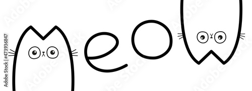 Black cat face head set. Two cute kittens. Meow lettering contour text. Cartoon character silhouette. Kawaii funny baby pet animal icon. Big eyes. Flat design. White background. Isolated.