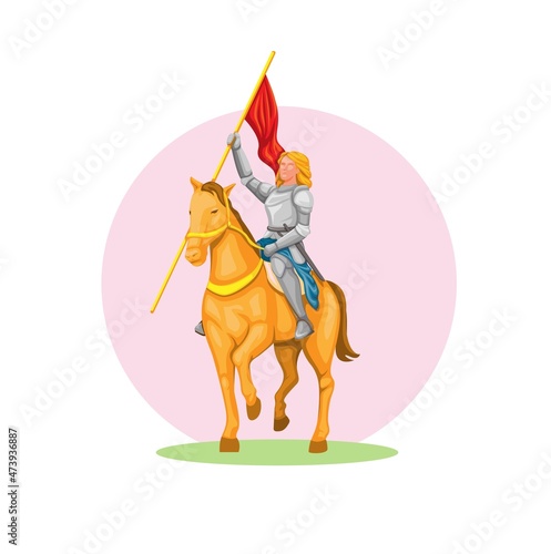 Joan of Arc france legendary heroine figure riding horse with flag pose illustration vector