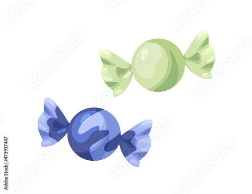 Round caramel candies in wrappers. Sweet suckers in wrapping. Circle bonbons composition. Sugar drops in foil. Yummy confectionery. Flat vector illustration of lollipops isolated on white background