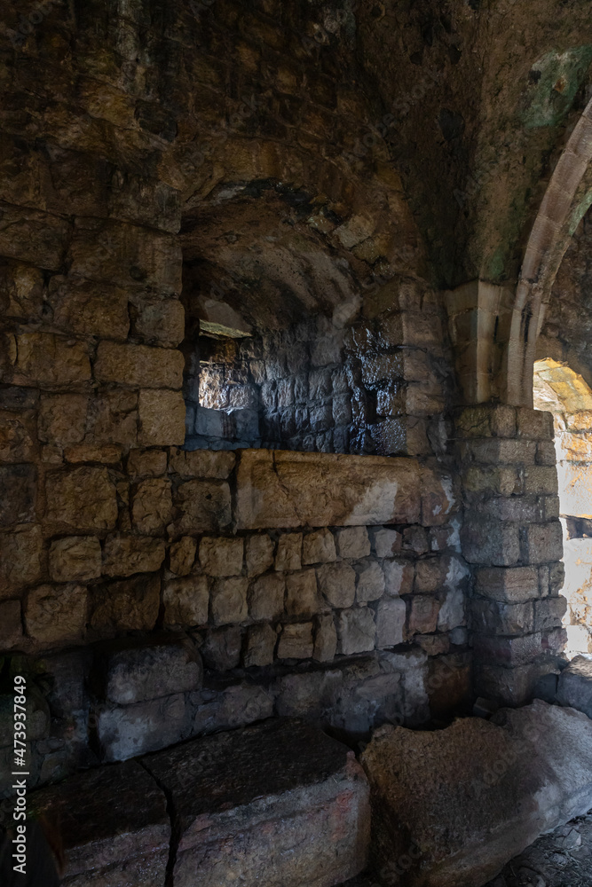 The inner  hall of the ruins of crusader Fortress Chateau Neuf - Metsudat Hunin is located at the entrance to the Israeli Margaliot village in the Upper Galilee in northern Israel
