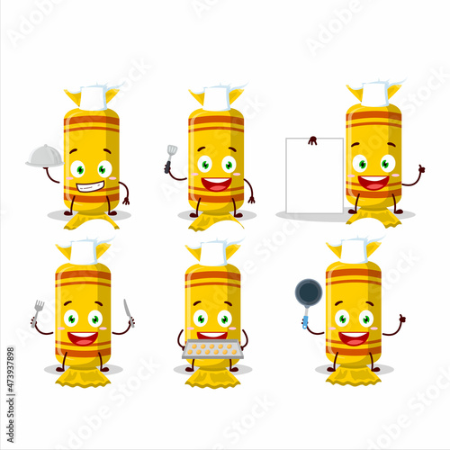 Cartoon character of yellow long candy package with various chef emoticons