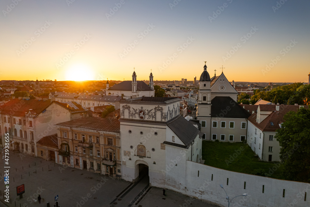 Aerial summer evening sunset view in sunny Vilnius old town, Gates of Dawn