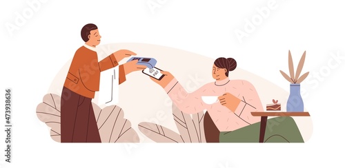 Cashless payment by mobile phone in cafe. Customer paying for coffee with smartphone, using contactless wireless POS-terminal and NFC technology. Flat vector illustration isolated on white background