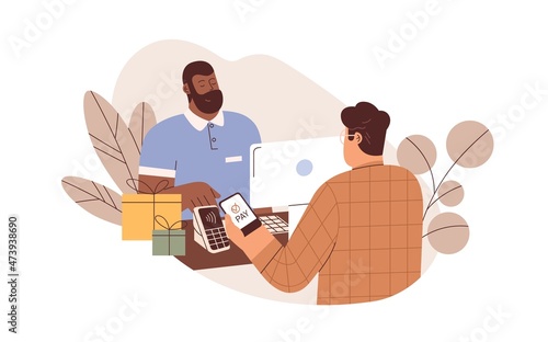 Customer pay with mobile phone app and POS-terminal in shop. Cashless contactless payment with smartphone NFC bank system. Wireless transaction. Flat vector illustration isolated on white background