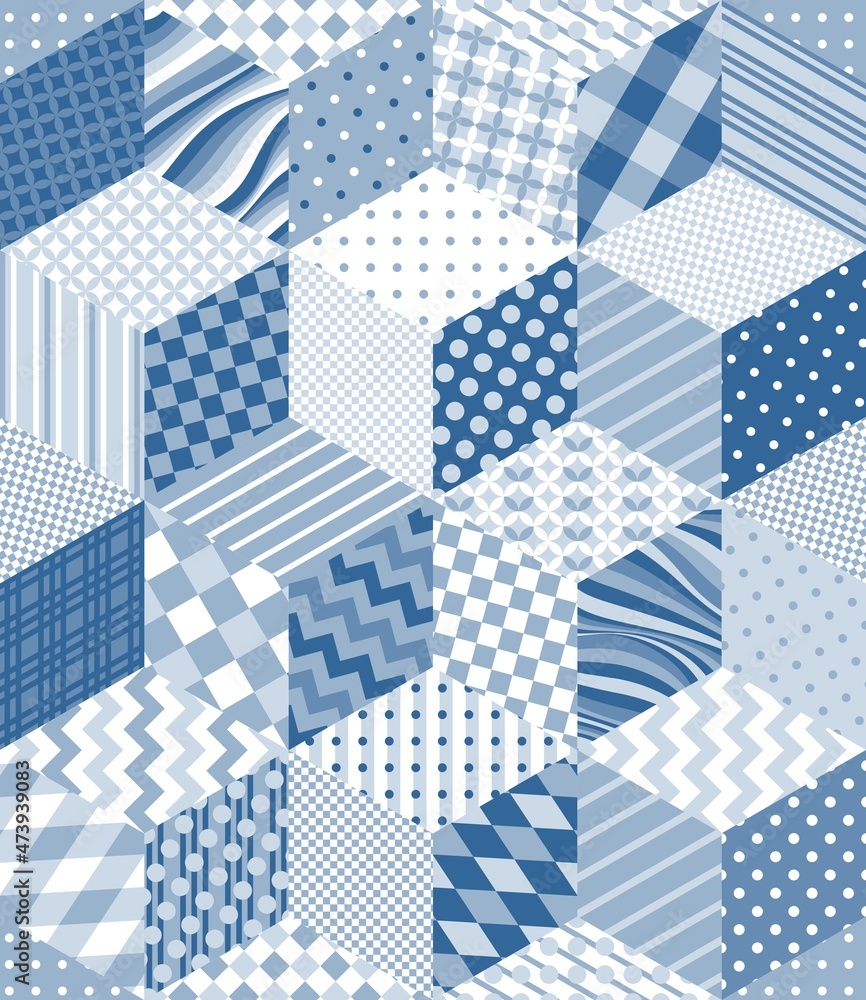 Winter seamless patchwork pattern with geometric ornaments. Vector illustration of quilt in blue tones. Winter seamless patchwork pattern with geometric ornaments. Vector illustration of quilt in blue tones.