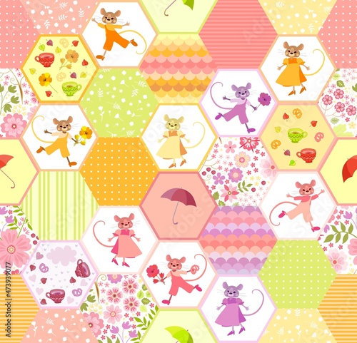 Patchwork seamless pattern with cute mouses, umbrellas, cups, flowers, geometric ornaments. Fabric print for baby.
