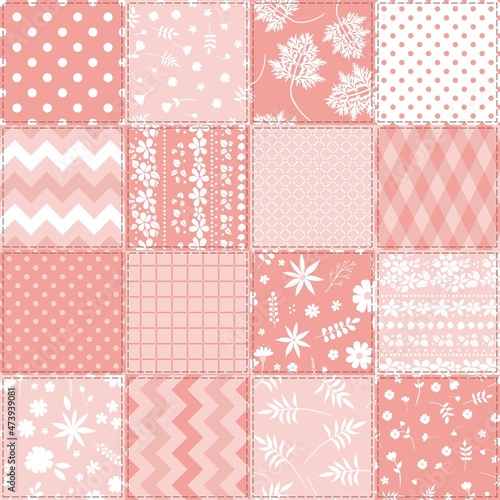 Cute seamless patchwork pattern in pastel colors. Stitched square patches with floral and geometric ornaments.