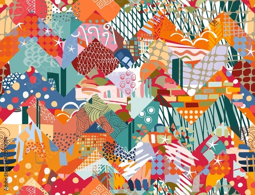 Colorful seamless patchwork pattern from zigzag patches with abstract ornaments. Vector illustration