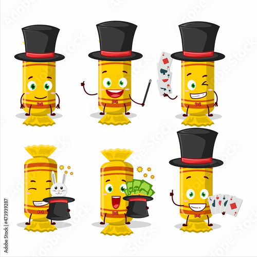 A yellow long candy package Magician cartoon character perform on a stage