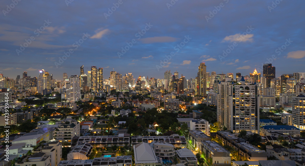 Aerial view of Sathorn, Bangkok Downtown. Financial district and business centers in smart urban city in Asia. Skyscraper and high-rise buildings at night. Aerial view of Sathorn, Bangkok Downtown. Financial district and business centers in smart urban city in Asia. Skyscraper and high-rise buildings at night.