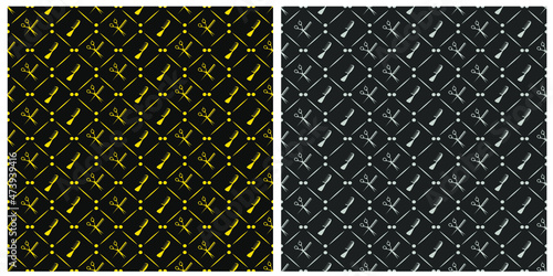 A set of vector seamless patterns. Hairdresser's tools scissors and comb in gold and silver color on dark isolated background. 