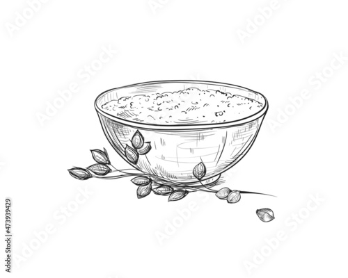 Hand drawn sketch black and white set of millet, grain, leaf. Vector illustration. Elements in graphic style label, card, sticker, menu, package. Engraved style illustration.