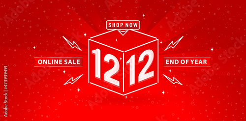 12.12 end year sale illustration Cube model number sign red ribbon with gradient red background, for online shop sign, poster, flyer, social media banner, label promotion store and web banner.