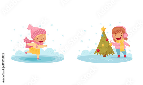 Outdoor seasonal activities set. Cute kids skating on rink and and decorating fir tree vector illustration