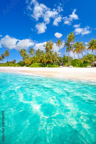 Tropical resort hotel beach paradise. Amazing nature  coast  shore. Summer vacation  travel adventure. Luxury holiday landscape  stunning ocean lagoon  blue sky palm trees. relax idyllic inspire beach
