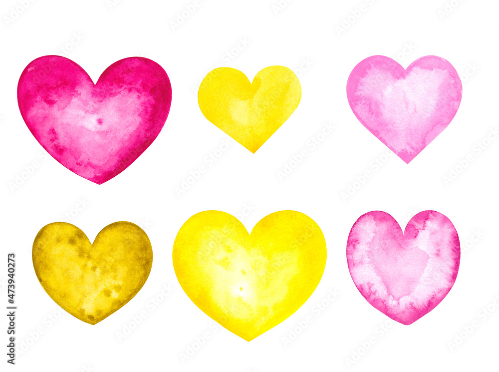 Watercolor hearts of pink, green, yellow colors 2