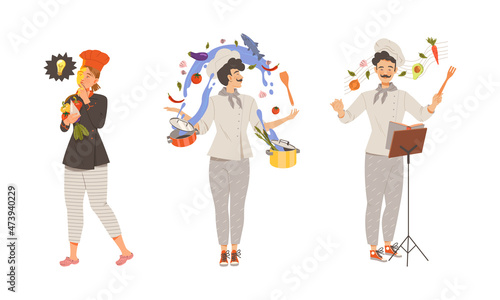 Talented master chefs cooking tasty dishes of haute cuisine set vector illustration