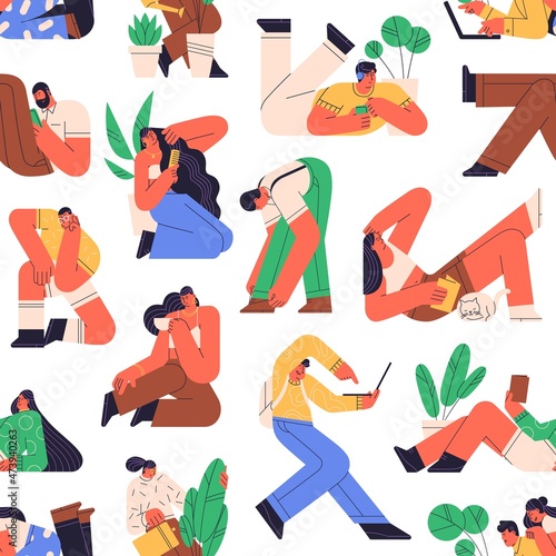 Seamless pattern of young modern people resting and relaxing. Men and women with coffee, plants, phones in relaxation at home. Endless background. Colored flat graphic vector illustration for printing