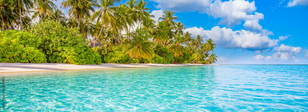 Island panorama, tropical resort in Maldives or French Polynesia, Tahiti. Horizon of panoramic beach, palm trees, white sand, ocean lagoon landscape of paradise beach. Luxury traveling vacation banner - obrazy, fototapety, plakaty 