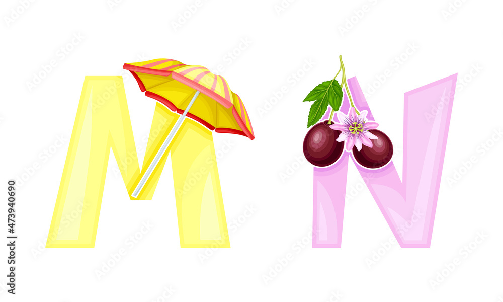 M,N letters of English alphabet with exotic passion fruit and umbrella vector illustration