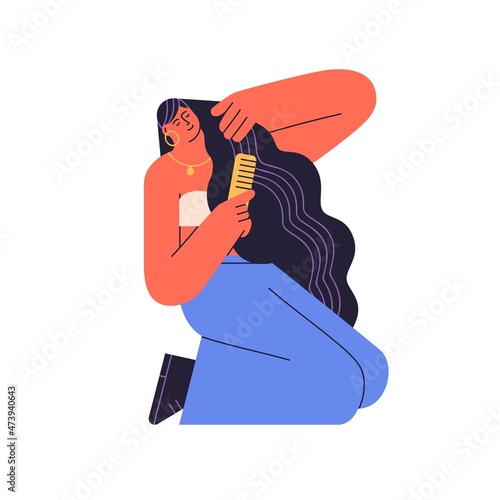 Happy relaxed woman comb and care long hair with brush. Beautiful female enjoying daily beauty routine. Everyday lifestyle of pretty person. Flat vector illustration isolated on white background