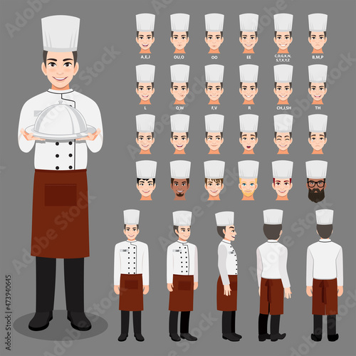 Cartoon character with Professional Man Chef in uniform for animation. Front, side, back, 3-4 view character. Separate parts of body. Flat vector illustration