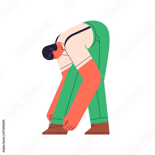 Man tying shoelaces. Person standing bent, stopped to fix untied undone shoe laces of footwear. Daily lifestyle scene. Flat vector illustration isolated on white background