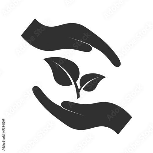 leaf between hands, in hands logo icon design with white background and simple style. Symbol of life, protection and care