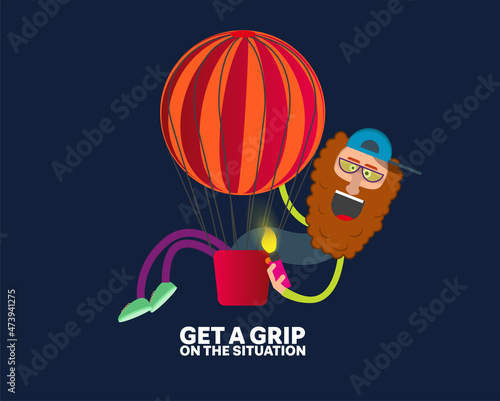 Cartoon bearded man flying in a balloon