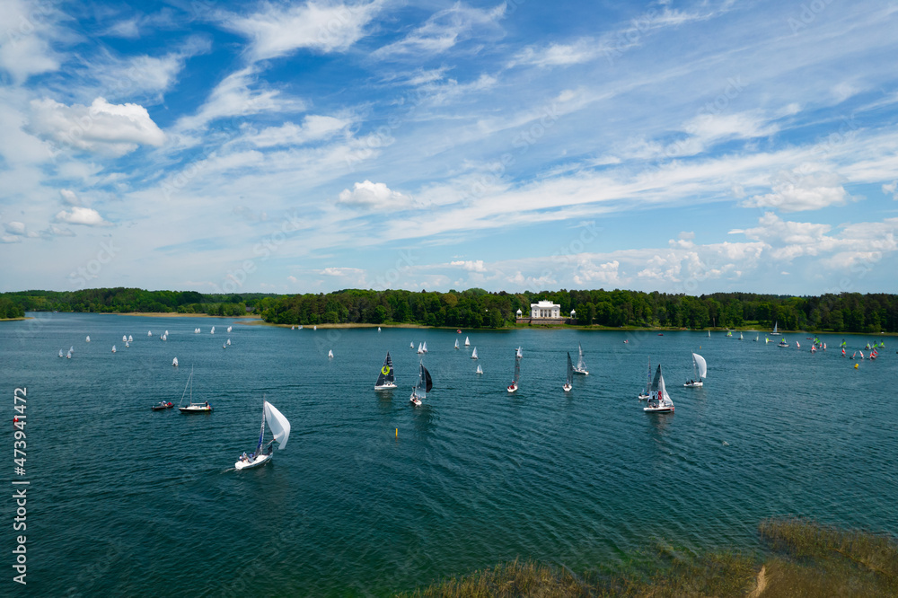 Aerial summer day view of Galve Lake Yacht Regatta, Trakai, Lithuania