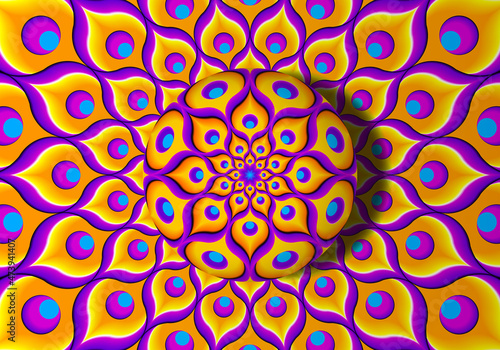 Yellow background from feathers of peacock with growing sphere. Optical expansion illusion.