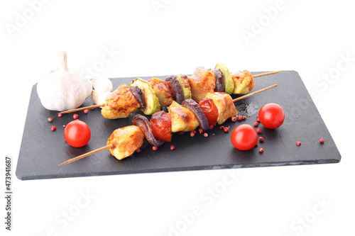 Concept of tasty food with chicken shashlik isolated on white background