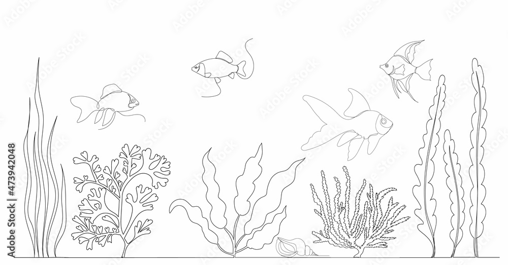 Naklejka premium algae and fish, continuous line drawing, sketch, vector