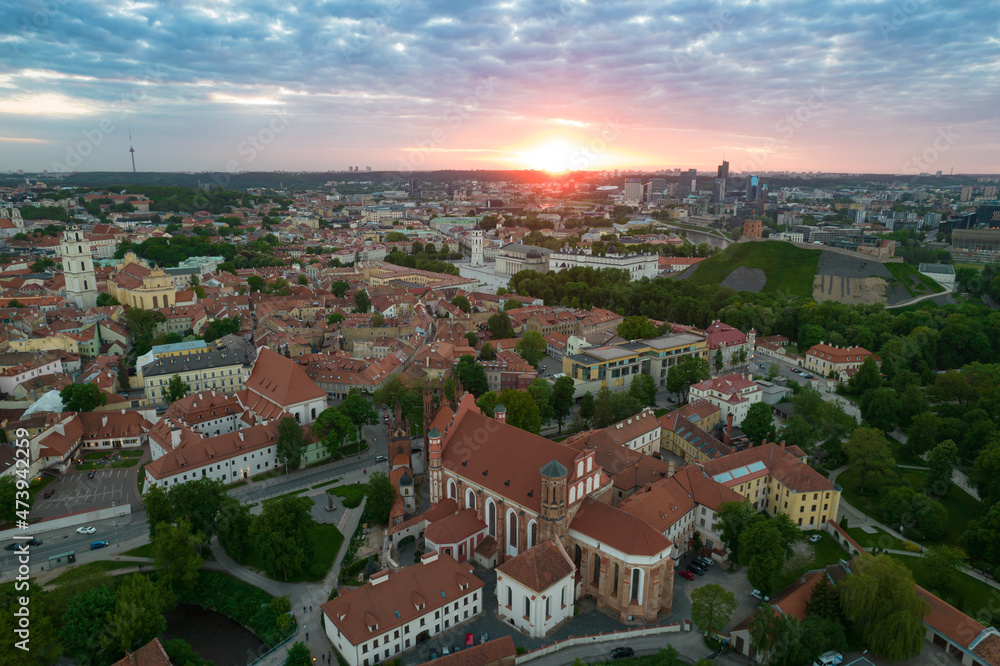 Fototapeta premium Aerial summer spring evening sunset view in sunny Vilnius old town