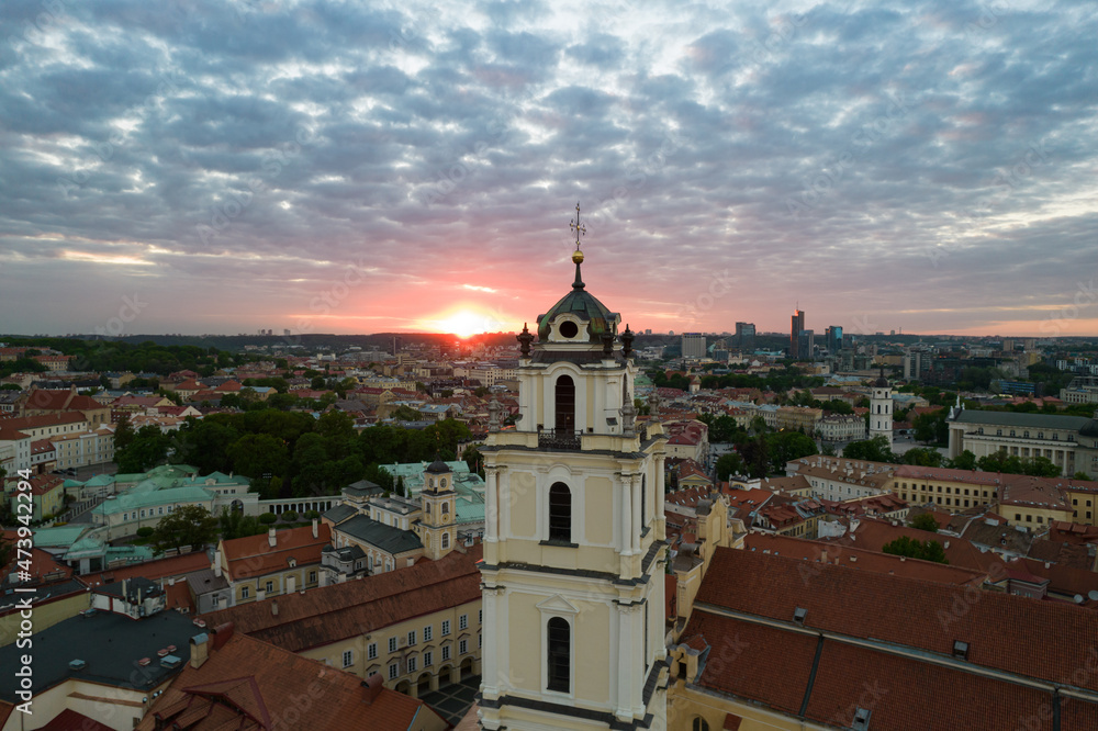 Aerial summer spring evening sunset view in sunny Vilnius old town