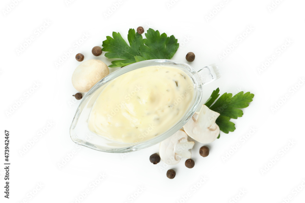 Concept of tasty food with mushroom sauce isolated on white background Concept of tasty food with mushroom sauce isolated on white background