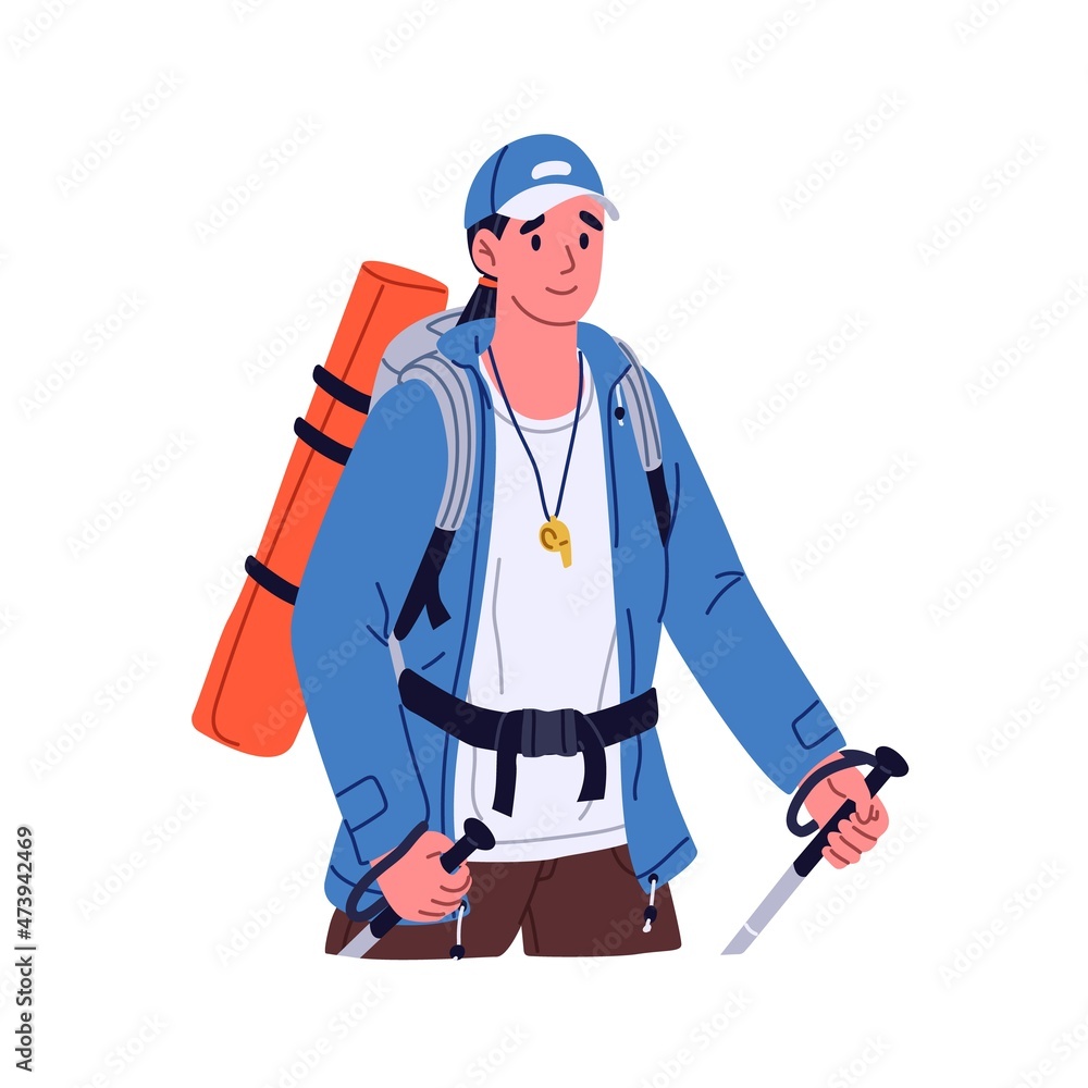 Woman hiker walking with trekking poles and backpack. Happy active tourist travel with sticks. Mountain climber in sports outfit. Flat vector illustration of backpacker isolated on white background