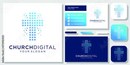 Church Digital Technology Faith Cross Network Abstract Modern Logo Design with Business Card Template
