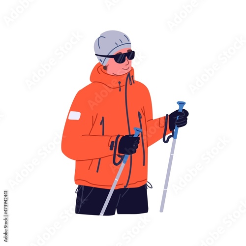 Happy hiker with trekking poles. Tourist hiking and climbing with sticks in hands. Traveler walking in winter equipment. Man in sunglasses travel. Flat vector illustration isolated on white background